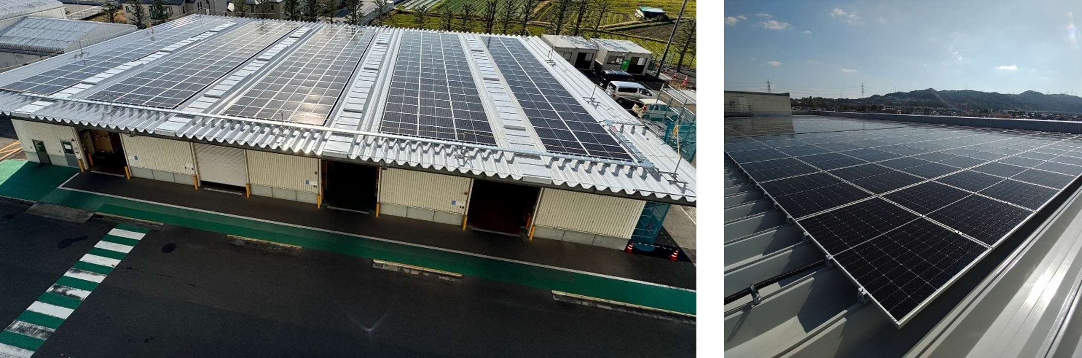 （左）枚方工場に設置された太陽光パネル、（右）玉城工場に設置された太陽光パネル