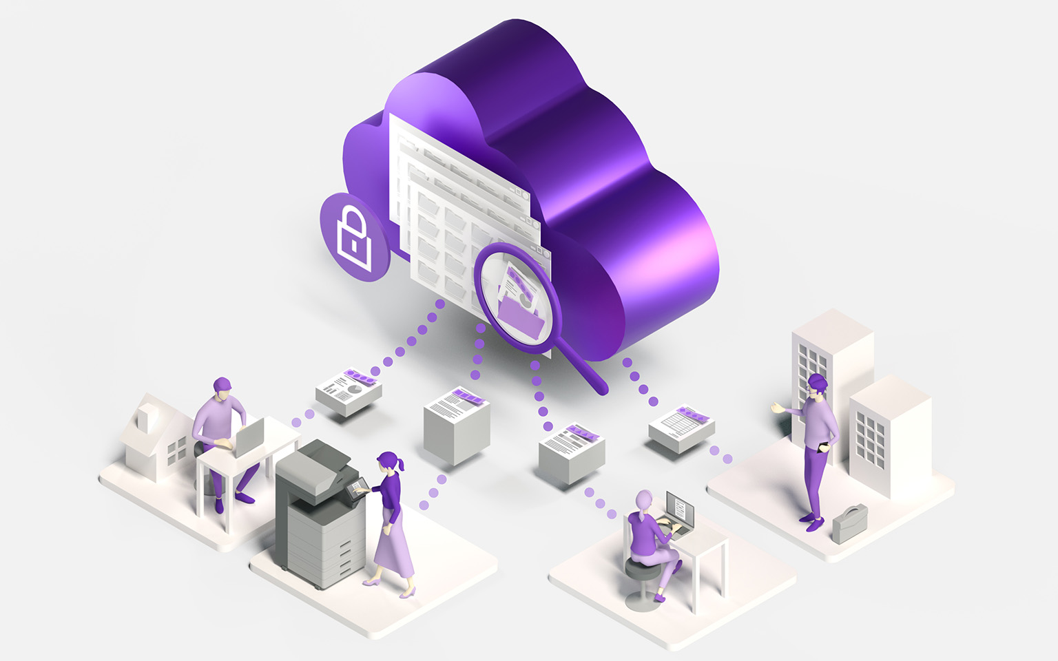 isometric illustration of people working on different media connect to cloud storage
