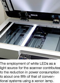 The employment of white LEDs as a light source for the scanner contributes to the reduction in power consumption to about one fifth of that of conventional systems using a xenon lamp.