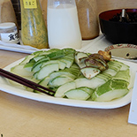 Lightly pickled Tamatsukuri Kuromon Oriental Pickling Melon and Torikai Eggplant served at our Head Office's staff cafeteria in July