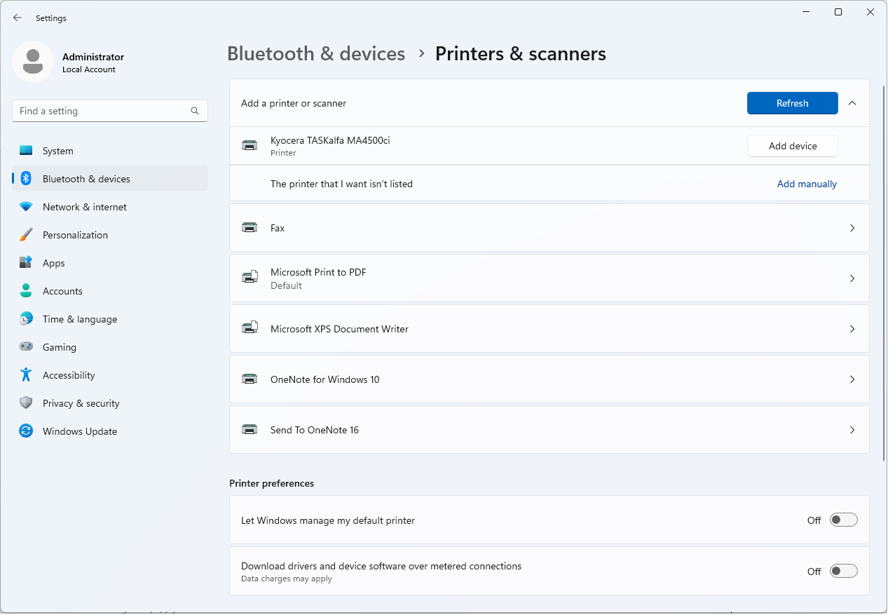 Printer add screen on Windows 11