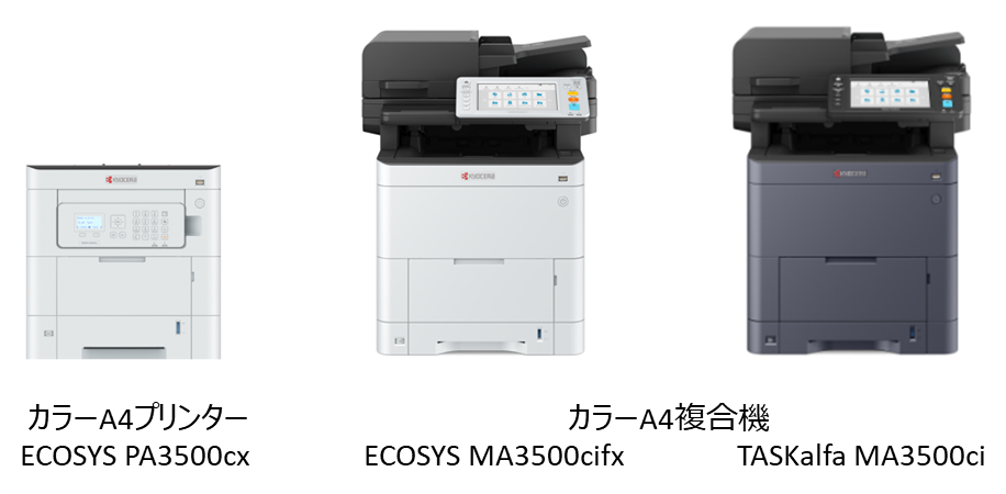 カラーA4プリンターECOSYS PA3500cx、カラーA4複合機ECOSYS MA3500cifx、TASKalfa MA3500ci