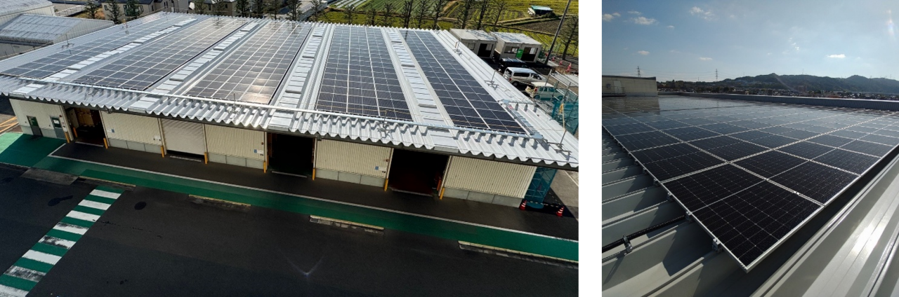 （左）枚方工場に設置された太陽光パネル、（右）玉城工場に設置された太陽光パネル