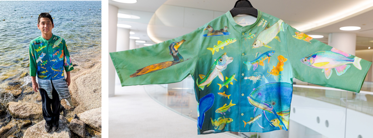 衣装デザインを手掛けた黒川さん（左）とサステナブル衣装（右）