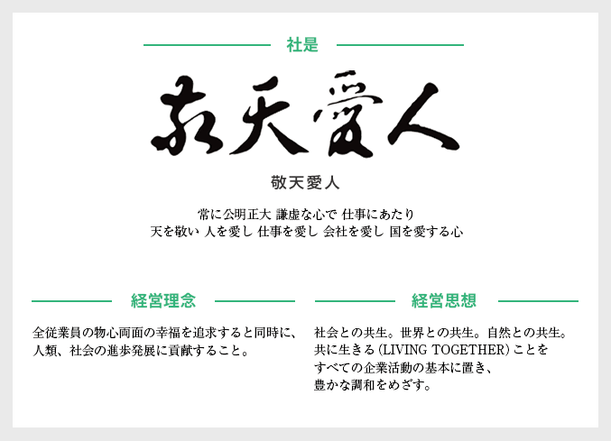 【社是】「敬天愛人」（常に公明正大 謙虚な心で 仕事にあたり　天を敬い 人を愛し 仕事を愛し 会社を愛し 国を愛する心）【経営理念】全従業員の物心両面の幸福を追求すると同時に、人類、社会の進歩発展に貢献すること。【経営思想】社会との共生。世界との共生。自然との共生。共に生きる（LIVING TOGETHER）ことをすべての企業活動の基本に置き、豊かな調和をめざす。